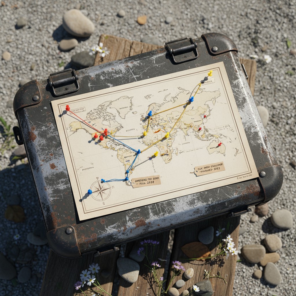 A vintage suitcase with a map and travel route marked by pins and strings.
